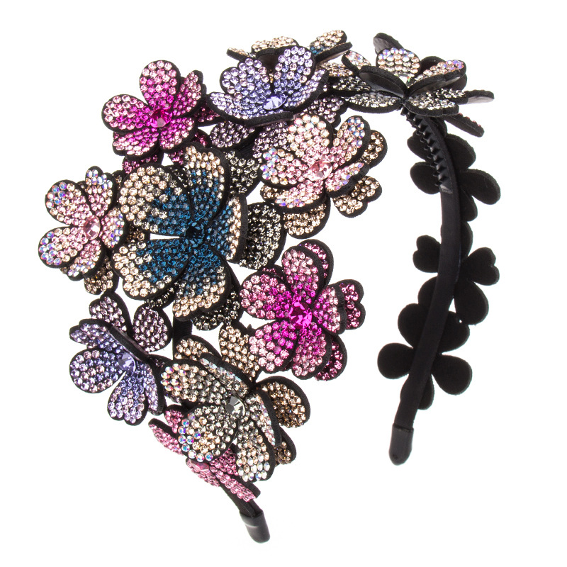 Headband Women&#039;s Three-Dimensional Flower Wide-Edge Rhinestone Large Headband High-End Rhinestone-Encrusted Color Non-Slip Hairpin Mori Style Hundred Flowers Headdress