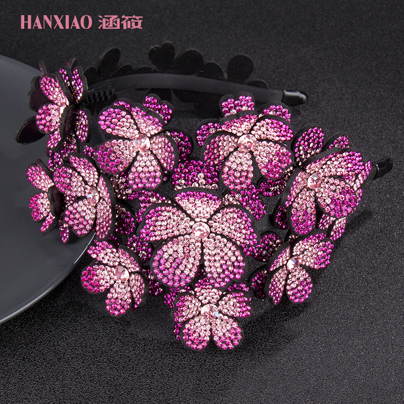 Headband Women&#039;s Three-Dimensional Flower Wide-Edge Rhinestone Large Headband High-End Rhinestone-Encrusted Color Non-Slip Hairpin Mori Style Hundred Flowers Headdress