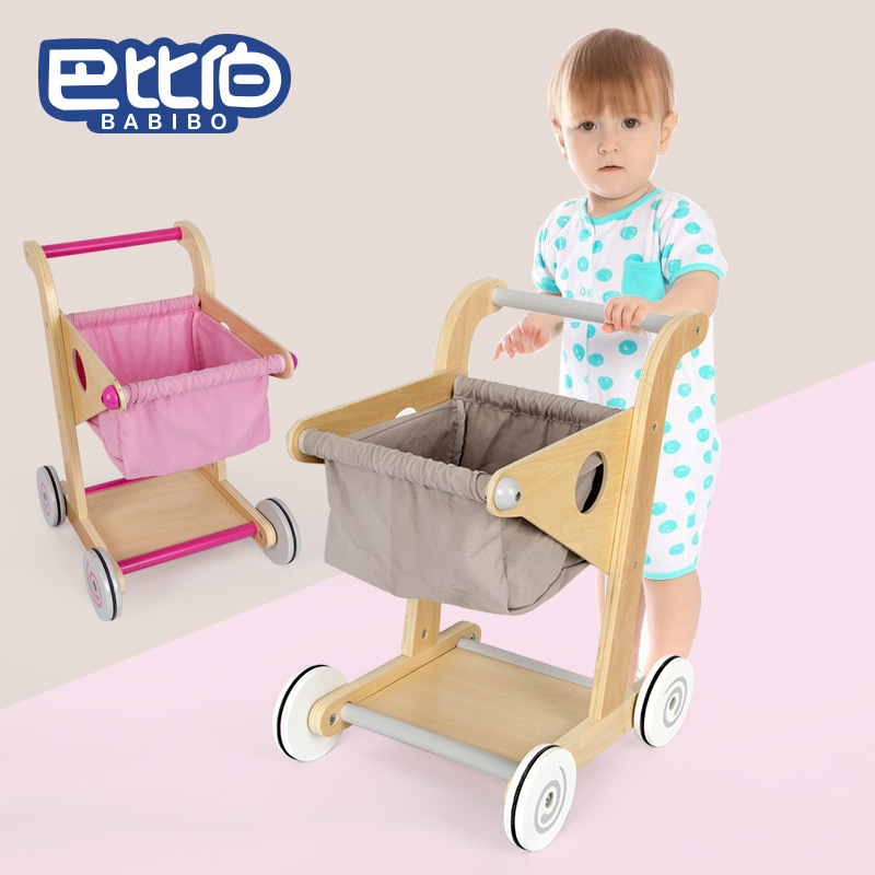 Wooden Children&#039;s Shopping Cart Toy Boys and Girls Simulation Supermarket Stroller Play House Kitchen Toy Set