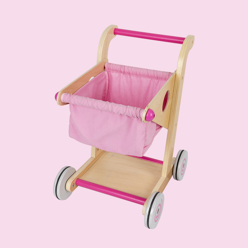 Wooden Children&#039;s Shopping Cart Toy Boys and Girls Simulation Supermarket Stroller Play House Kitchen Toy Set