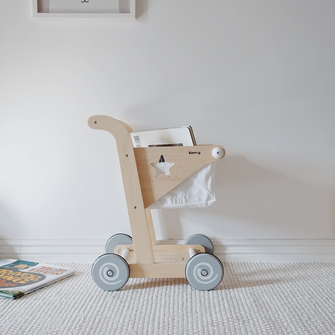 Wooden Children&#039;s Shopping Cart Toy Boys and Girls Simulation Supermarket Stroller Play House Kitchen Toy Set
