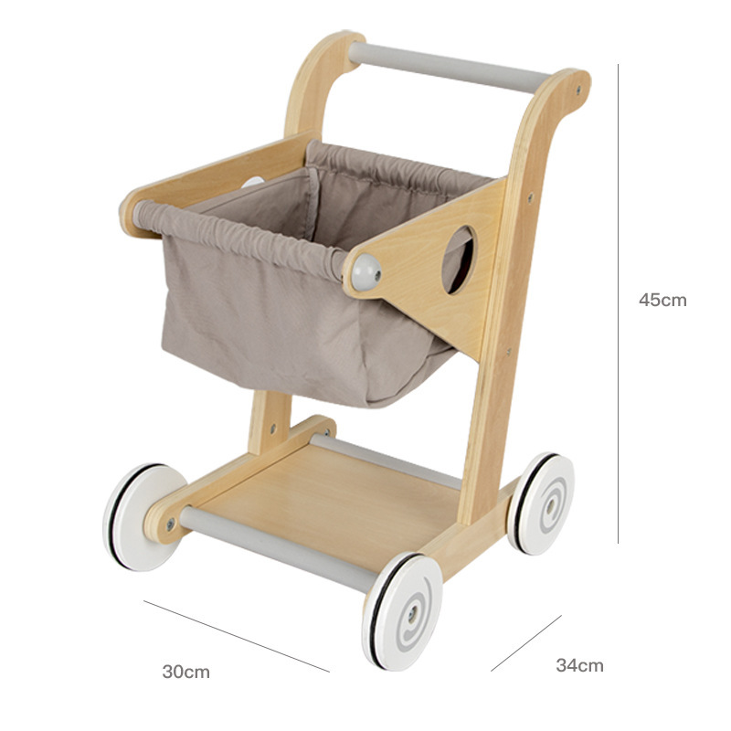 Wooden Children&#039;s Shopping Cart Toy Boys and Girls Simulation Supermarket Stroller Play House Kitchen Toy Set