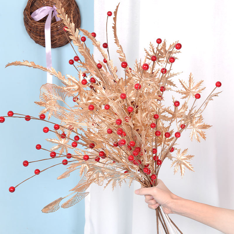 Simulation Hollyberry Wedding New Year Decoration Blessing Bucket Golden Fan Maple Leaf Ginkgo Leaf Rich Fruit Artificial Flower