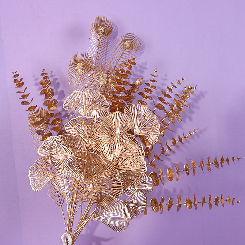 Simulation Golden Ginkgo Leaf Eucalyptus Leaf Golden Plastic Fan Leaves Home Wedding Decoration Decorative Fake Flower Wholesale