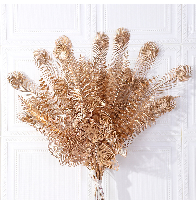 Simulation Golden Ginkgo Leaf Eucalyptus Leaf Golden Plastic Fan Leaves Home Wedding Decoration Decorative Fake Flower Wholesale
