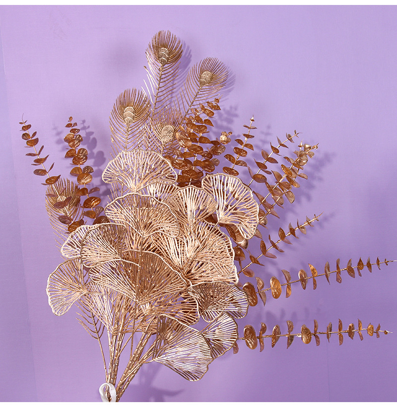 Simulation Golden Ginkgo Leaf Eucalyptus Leaf Golden Plastic Fan Leaves Home Wedding Decoration Decorative Fake Flower Wholesale