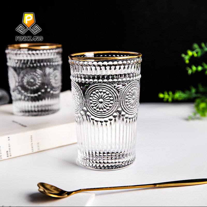  European-Style Vintage Embossed Phnom Penh Taiyanghua Glass Cup Restaurant Milk Tea Shop Cold Drink Juice Cup