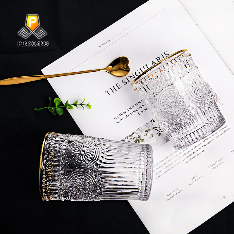  European-Style Vintage Embossed Phnom Penh Taiyanghua Glass Cup Restaurant Milk Tea Shop Cold Drink Juice Cup