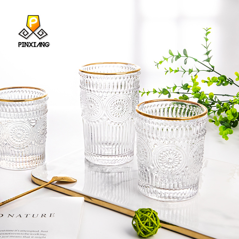  European-Style Vintage Embossed Phnom Penh Taiyanghua Glass Cup Restaurant Milk Tea Shop Cold Drink Juice Cup