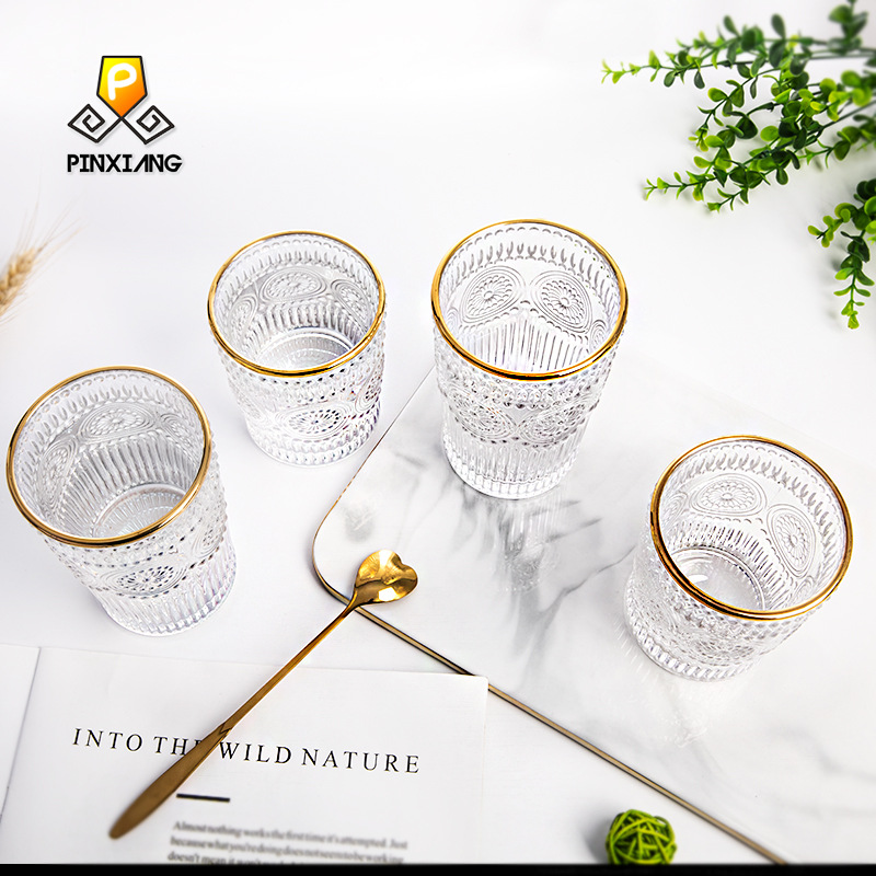  European-Style Vintage Embossed Phnom Penh Taiyanghua Glass Cup Restaurant Milk Tea Shop Cold Drink Juice Cup