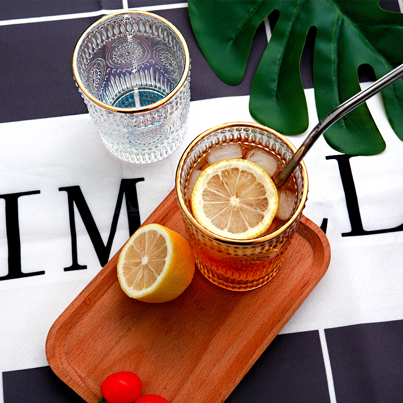  European-Style Vintage Embossed Phnom Penh Taiyanghua Glass Cup Restaurant Milk Tea Shop Cold Drink Juice Cup
