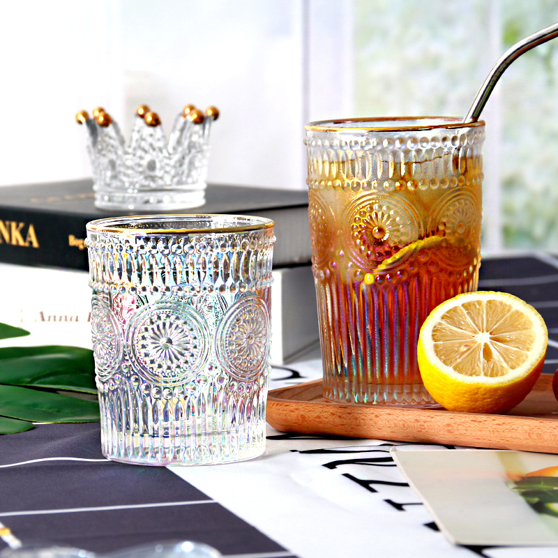  European-Style Vintage Embossed Phnom Penh Taiyanghua Glass Cup Restaurant Milk Tea Shop Cold Drink Juice Cup