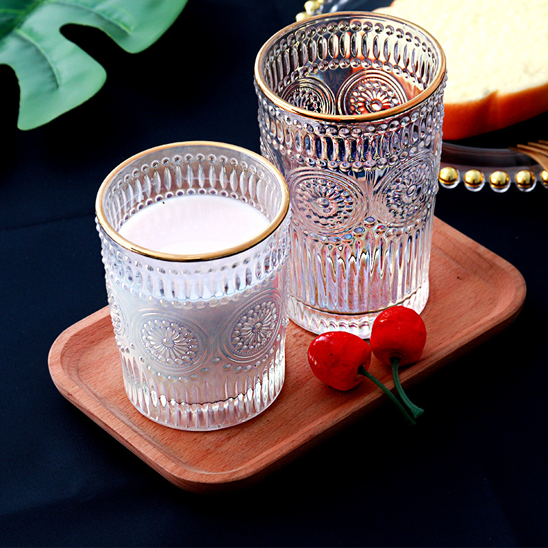  European-Style Vintage Embossed Phnom Penh Taiyanghua Glass Cup Restaurant Milk Tea Shop Cold Drink Juice Cup