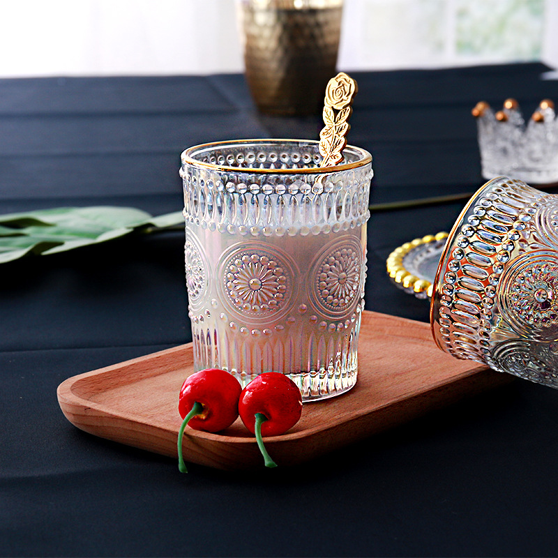  European-Style Vintage Embossed Phnom Penh Taiyanghua Glass Cup Restaurant Milk Tea Shop Cold Drink Juice Cup