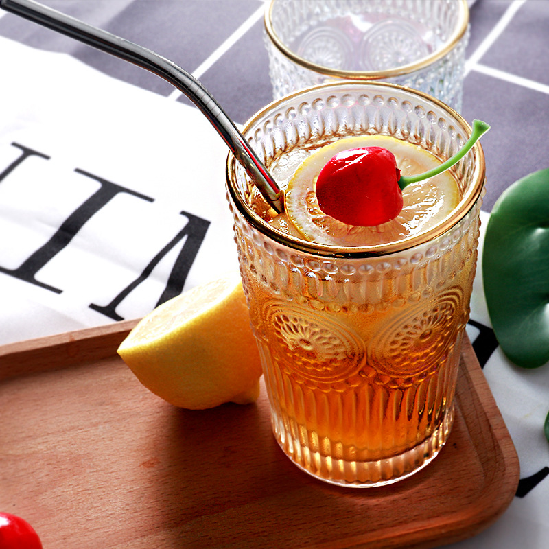  European-Style Vintage Embossed Phnom Penh Taiyanghua Glass Cup Restaurant Milk Tea Shop Cold Drink Juice Cup