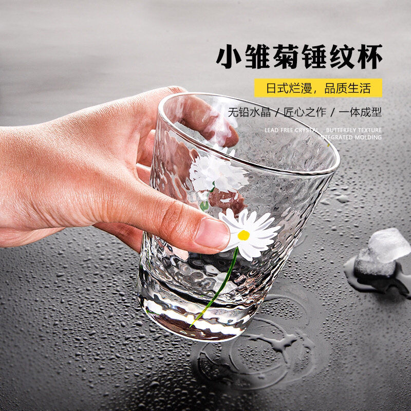 Cup Hand-Painted Little Daisy Japanese Style Hammer Pattern Glass Cup Height Transparent Heat Resistant Household Drinks Juice Snow Top Milk Tea