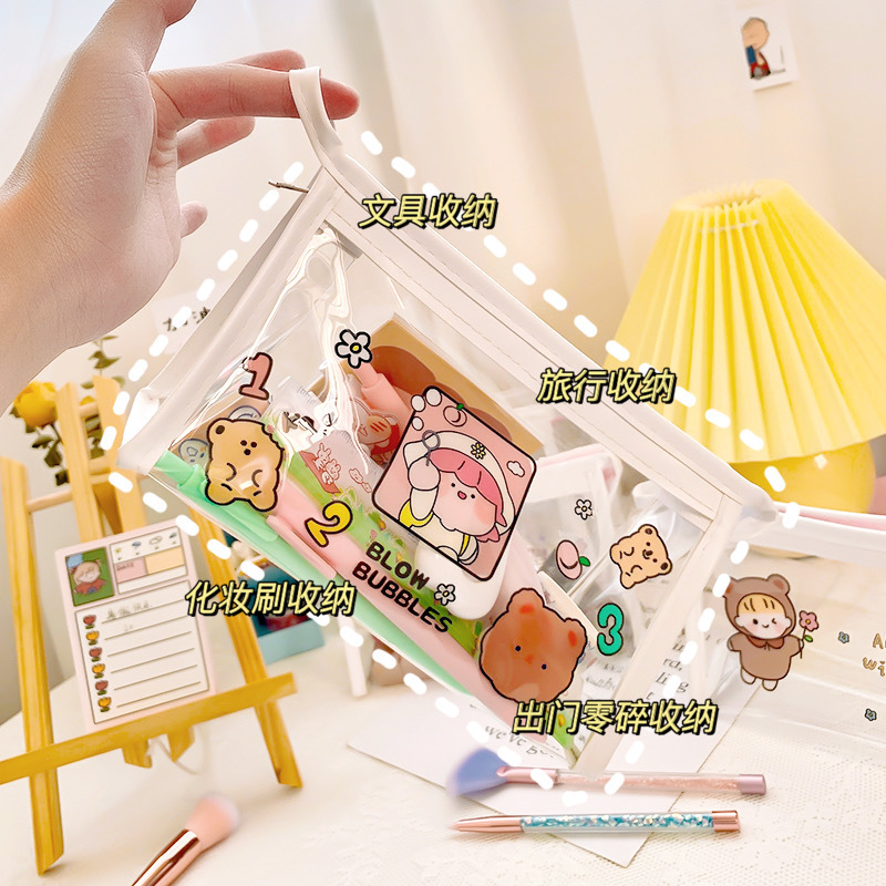 INS Cute Cartoon Transparent Makeup Bag Net Red Girl&#039;s Heart Travel Storage Bag Portable Waterproof Wash Bag Storage Bag