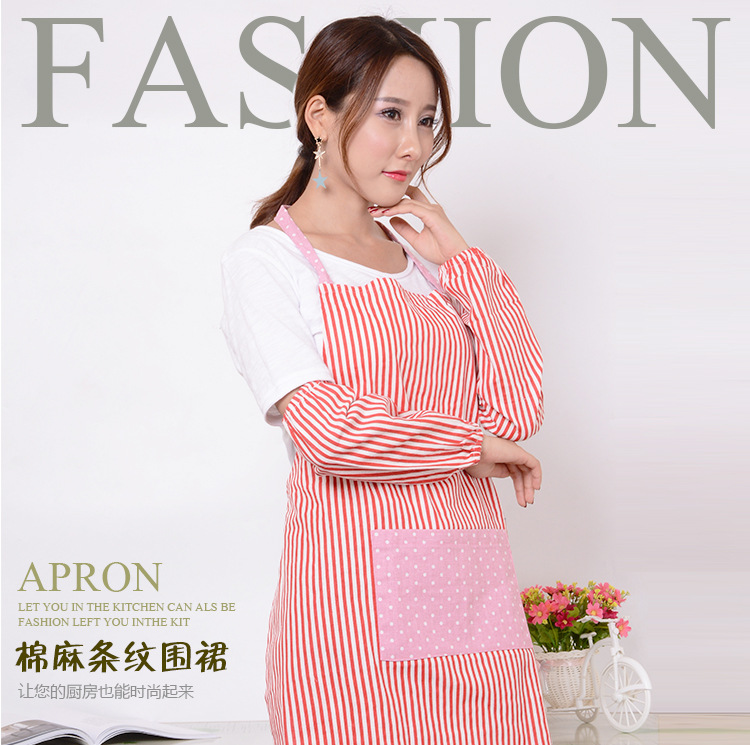 Cotton Linen Sleeveless Apron Japanese Style Fashion Fresh Pure Cotton and Linen Vertical Stripes Apron Oversleeve Set Wholesale