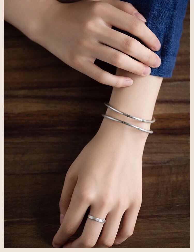 Gentleman Cautious Single Lettering Bracelet Female Chinese Style Thin a Style of Calligraphy Text Men and Women Solid Open Argent Pur Girlfriends Bracelet