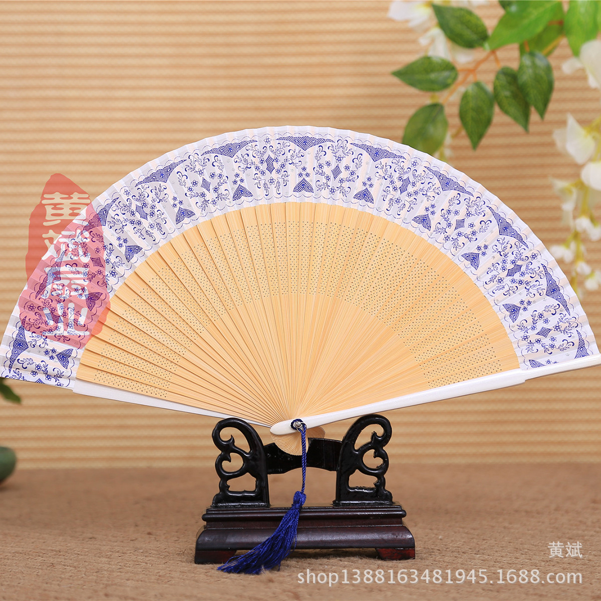 42 Square Chinese Style Painted Blue and White Porcelain Fan * Bamboo Fan Craft Gift Daily Use * Factory Direct Sales * High-End Female Fan