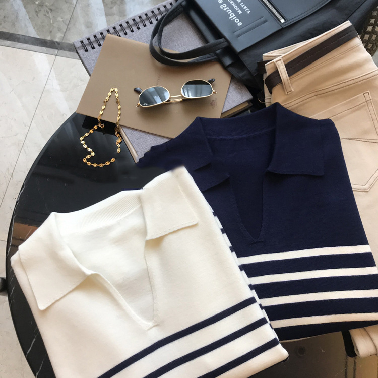21 Autumn and Winter New ~ Simple Fashion! Iodine French Lapel Horizontal Striped Pullover Long Sleeve Navy-Striped Shirt Top for Women