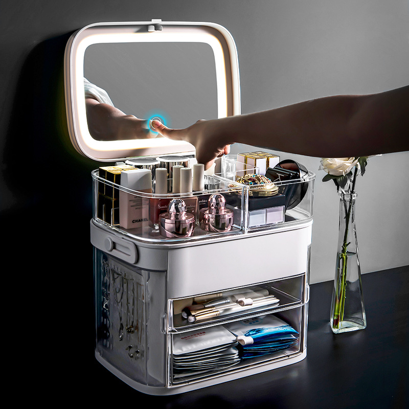 Makeup storage box Dustproof skin care products standardized desktop LED with mirror jewelry integrated shelf Makeup box