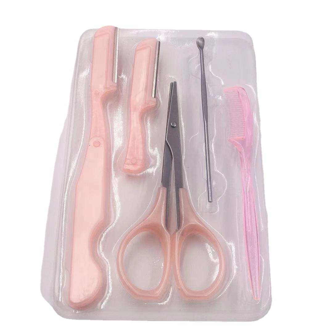 Folding Eye-Brow Knife Eyebrow Trimmer Set Thrush Portable Eye-Brow Knife Eyebrow Scraper Ear Pick Brow Groomer 5-Piece Set Combination