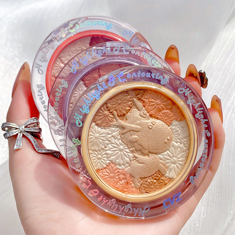 CVZ Unicorn 4-Color Highlight Repair Blusher Plate Nose Shadow Pearlescent Highlight Champagne Gold Three-Dimensional Repair Highlight Powder