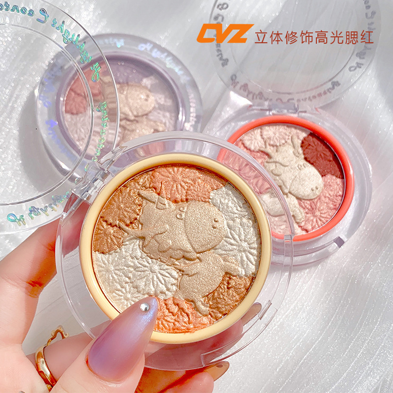 CVZ Unicorn 4-Color Highlight Repair Blusher Plate Nose Shadow Pearlescent Highlight Champagne Gold Three-Dimensional Repair Highlight Powder