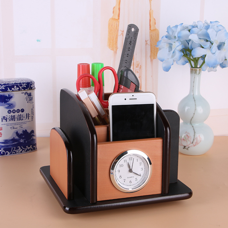 Supply High-Grade Wooden Multi-Functional Assemblage Zone Clock Storage Pencil Vase Decoration Creative Desktop Stationery Storage Box