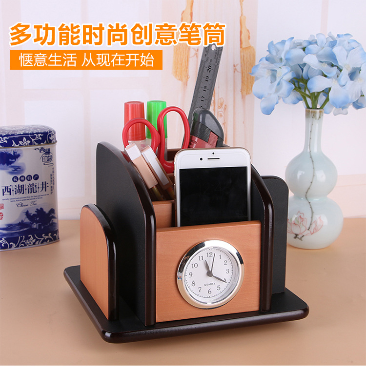 Supply High-Grade Wooden Multi-Functional Assemblage Zone Clock Storage Pencil Vase Decoration Creative Desktop Stationery Storage Box