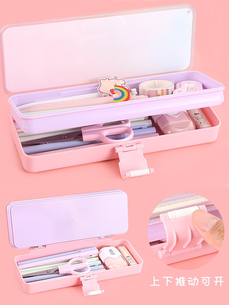 Primary School News New Quicksand Plastic Pencil-Box Primary School Student Cartoon File Bag Multifunctional Pencil Case Double-Layer Pencil Case