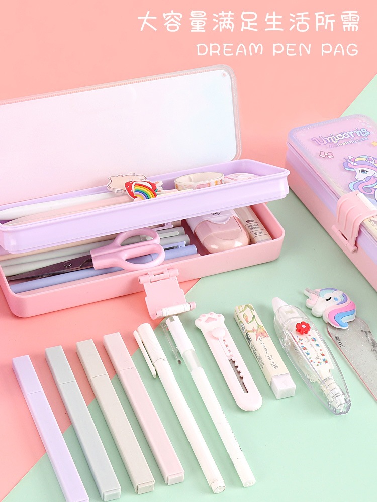 Primary School News New Quicksand Plastic Pencil-Box Primary School Student Cartoon File Bag Multifunctional Pencil Case Double-Layer Pencil Case
