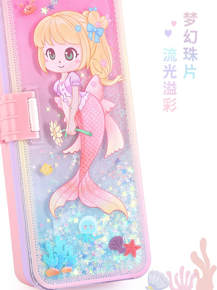 Primary School News New Quicksand Plastic Pencil-Box Primary School Student Cartoon File Bag Multifunctional Pencil Case Double-Layer Pencil Case
