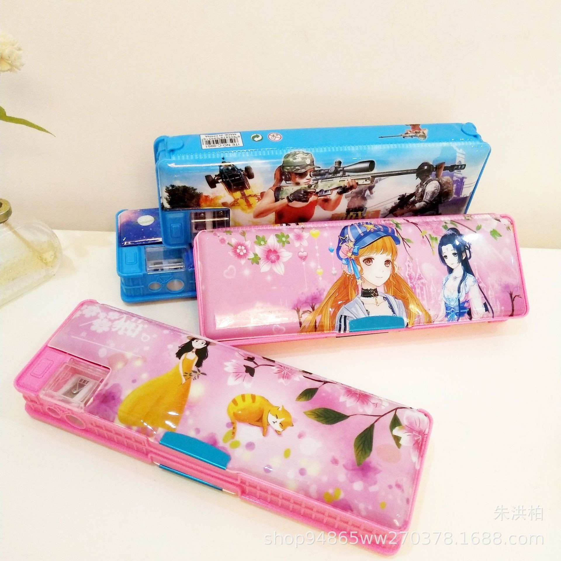 Double-Sided Plastic Pencil-Box for Primary and Secondary School Students Pencil Box Double Open with Double Holes Pencil Sharpener Gift Stationery Wholesale