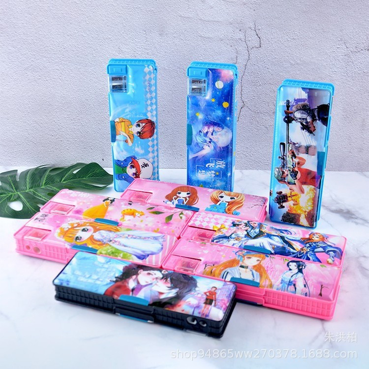 Double-Sided Plastic Pencil-Box for Primary and Secondary School Students Pencil Box Double Open with Double Holes Pencil Sharpener Gift Stationery Wholesale