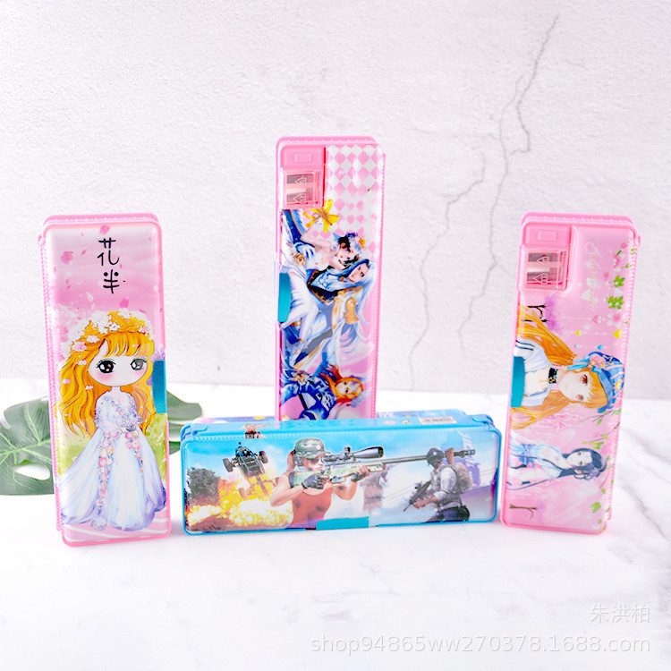 Double-Sided Plastic Pencil-Box for Primary and Secondary School Students Pencil Box Double Open with Double Holes Pencil Sharpener Gift Stationery Wholesale