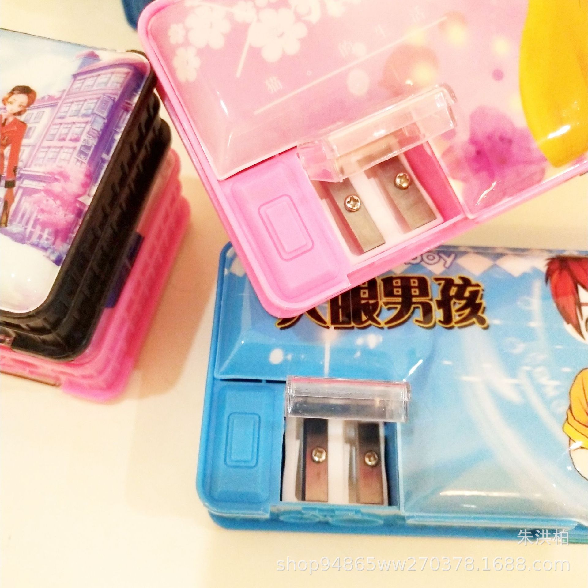 Double-Sided Plastic Pencil-Box for Primary and Secondary School Students Pencil Box Double Open with Double Holes Pencil Sharpener Gift Stationery Wholesale