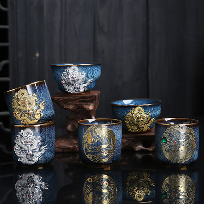 Dragon Phoenix Couple Cups Kiln Baked Master Cup Tianmu Rabbit Hair Writing Brush Large Single Cup Pu'er Kung Fu Tea Cup Dragon Phoenix Couple Cups Kiln Baked Master Cup Tianmu Rabbit Hair Writing Brush Large Single Cup Pu'er Kung Fu Tea Cup