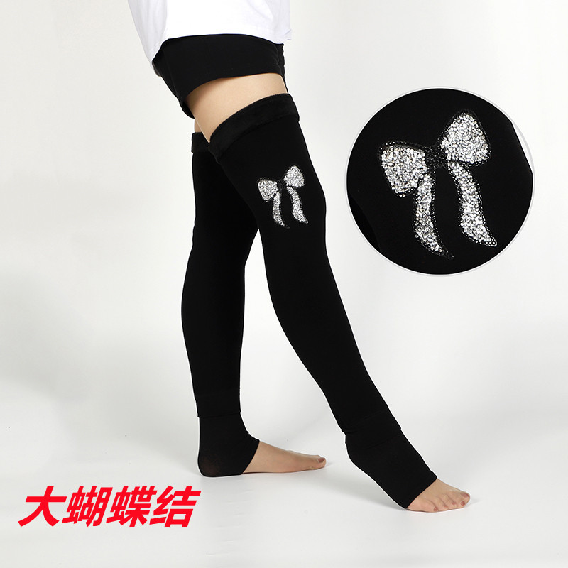 Autumn and Winter Cotton Fleece-Lined Thick below the Knees Stockings Women's Warm Kneecap Support Hosiery Step-on Thigh High Socks Lengthened
