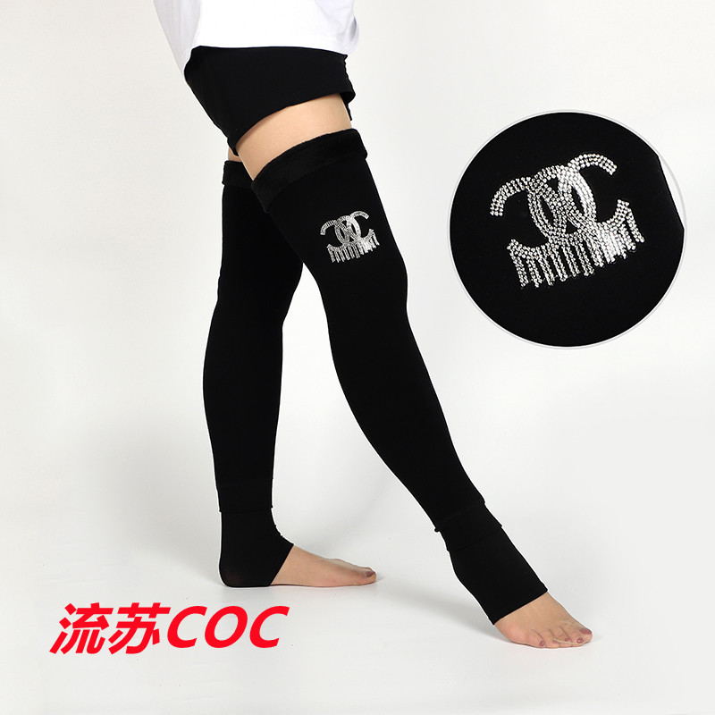 Autumn and Winter Cotton Fleece-Lined Thick below the Knees Stockings Women's Warm Kneecap Support Hosiery Step-on Thigh High Socks Lengthened