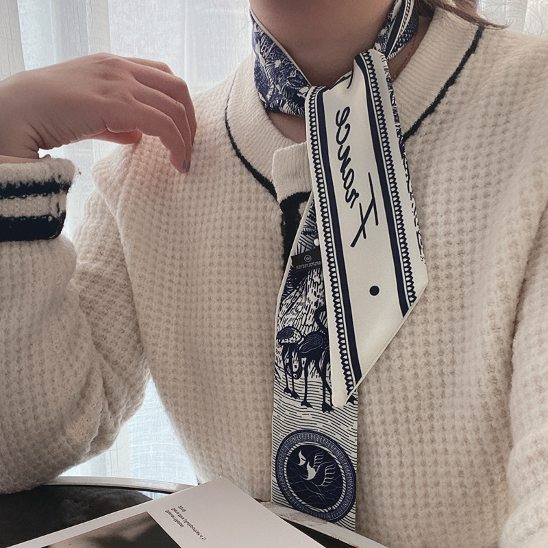 Small Long Silk Scarf for Women Spring and Autumn Fashionable Arm Bag Ribbon Versatile Korean Small Scarf Headband Hair Band Scarf