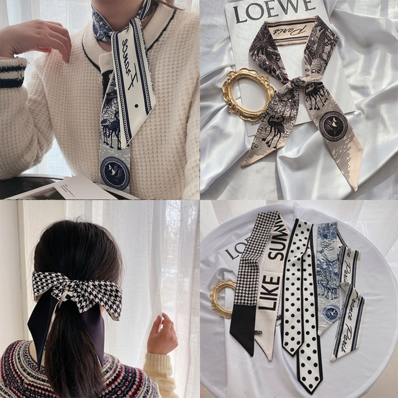 Small Long Silk Scarf for Women Spring and Autumn Fashionable Arm Bag Ribbon Versatile Korean Small Scarf Headband Hair Band Scarf