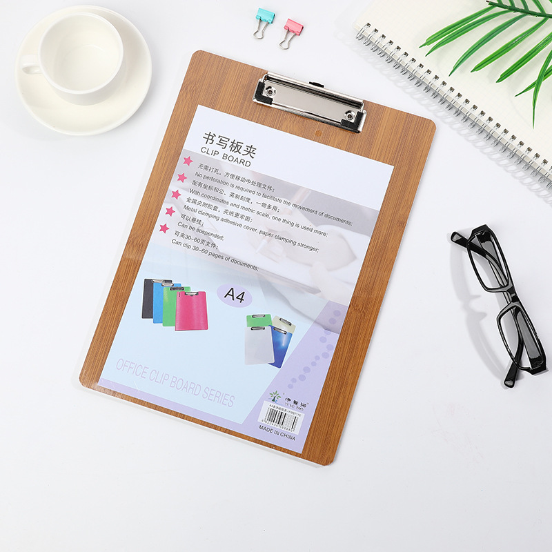 Office Supplies A4 Clip with Wooden Board File Folder Flat Clip Writing Book Base Plate Menu Thickened Hanging Factory Direct Selling Hot Sale