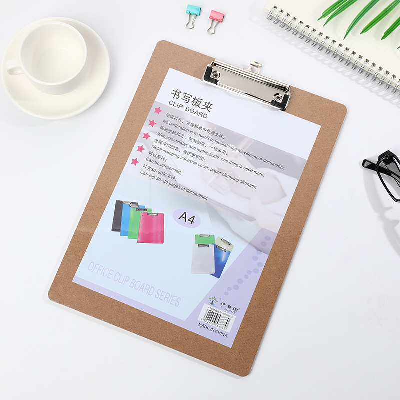 Office Supplies A4 Clip with Wooden Board File Folder Flat Clip Writing Book Base Plate Menu Thickened Hanging Factory Direct Selling Hot Sale