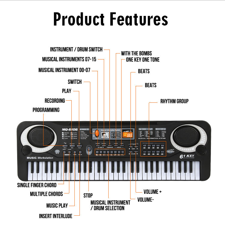 Children's Electronic Keyboard Musical Instrument 61-Key Multi-Function Studio Toy Gift Educational Piano with Power Supply Children's Electronic Keyboard Musical Instrument 61-Key Multi-Function Studio Toy Gift Educational Piano with Power Supply