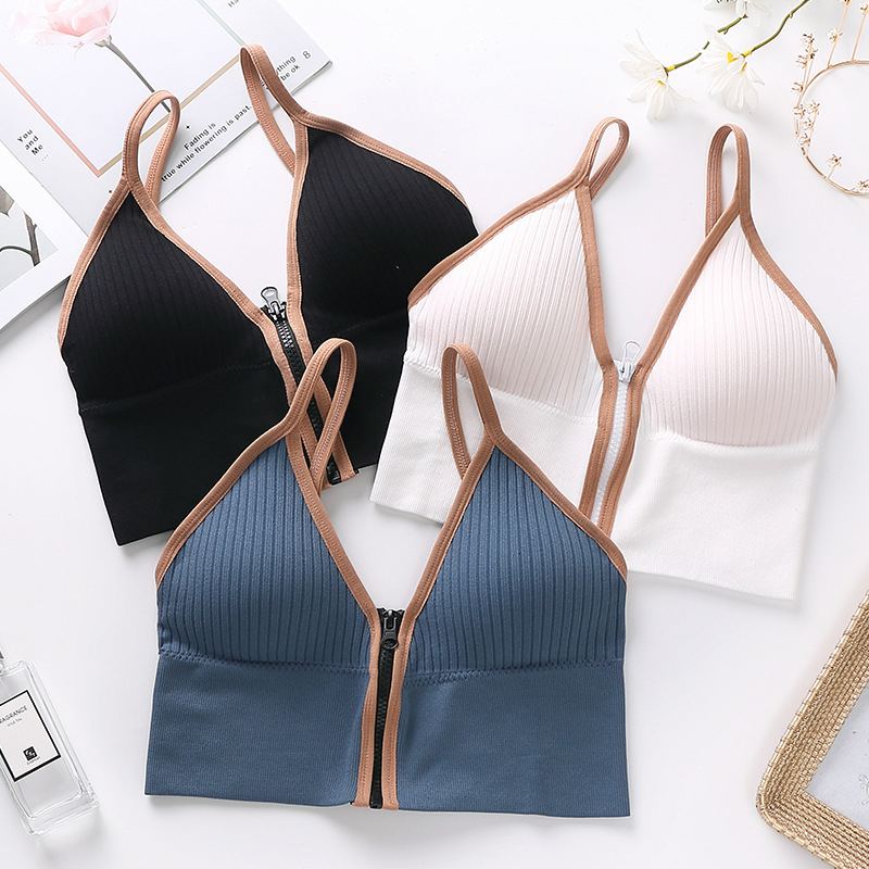 2021 Summer New Deep V Front Zipper Beautiful Back Wrapped Chest Women&#039;s Small Breast Push up Underwear Anti-Slip Sling Vest Summer