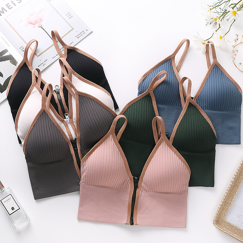 2021 Summer New Deep V Front Zipper Beautiful Back Wrapped Chest Women&#039;s Small Breast Push up Underwear Anti-Slip Sling Vest Summer