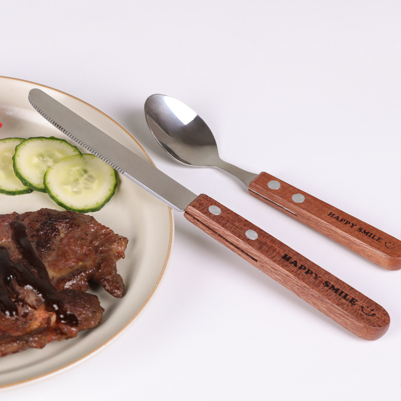 Japanese Imported Vigorous Smiley Face Stainless Steel Wooden Handle Knife, Fork and Spoon Ins Same Style Dessert Spoon Sauce Knife Western Food Knife and Fork