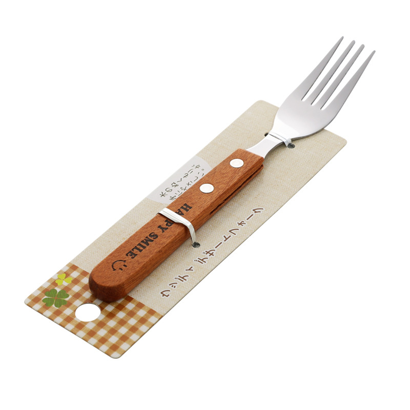 Japanese Imported Vigorous Smiley Face Stainless Steel Wooden Handle Knife, Fork and Spoon Ins Same Style Dessert Spoon Sauce Knife Western Food Knife and Fork